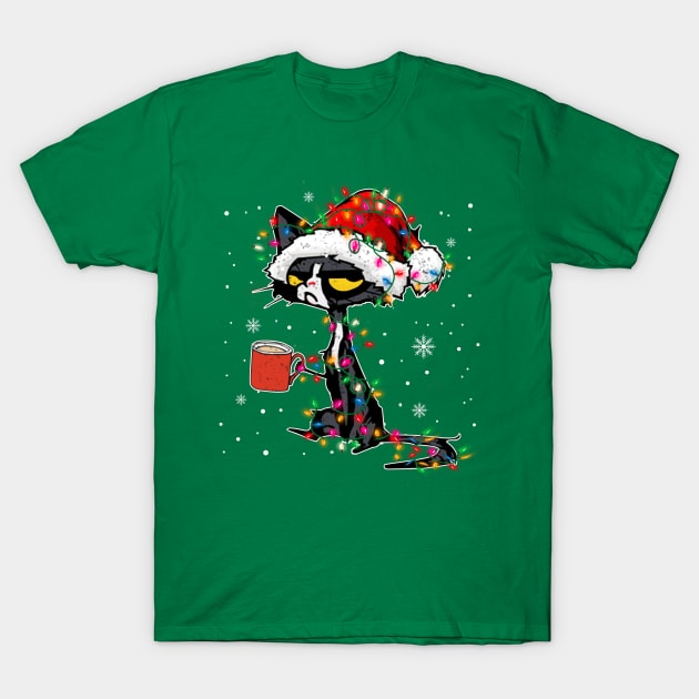 Black Cat christmas light funny T-Shirt by wizardwenderlust